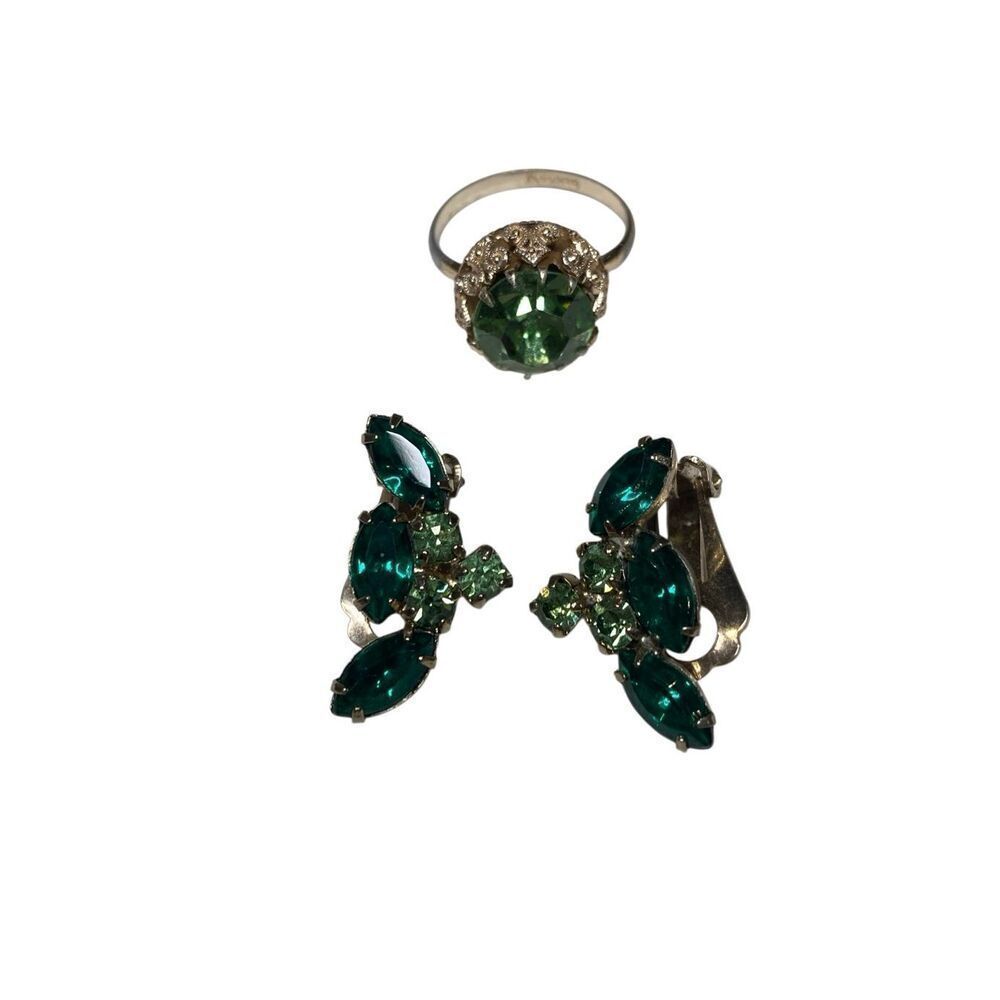Vintage Green Rhinestone Ring Germany Set Clip On Earrings Emerald Style Lot